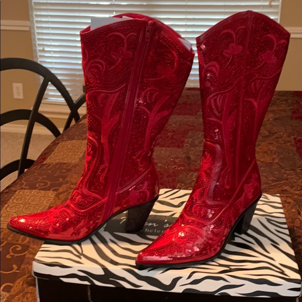 Red sequin cowboy boots